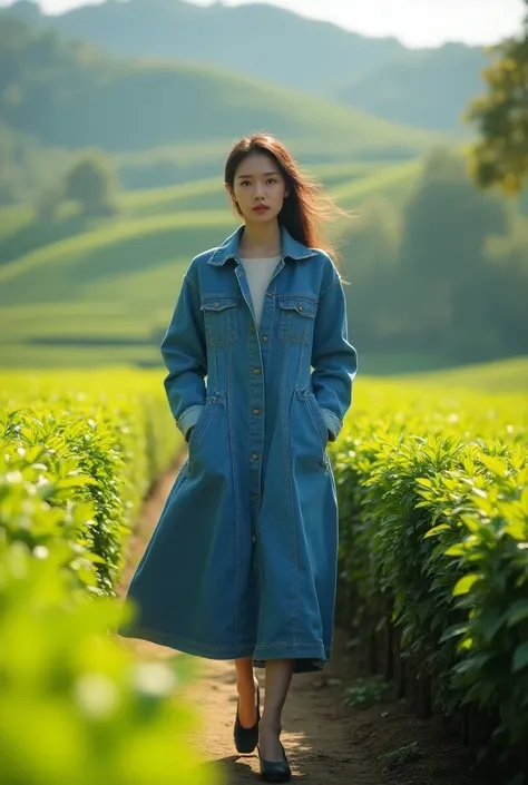 Beautiful Korean woman 5 wearing long jeans jacket is walking in beautiful tea garden 