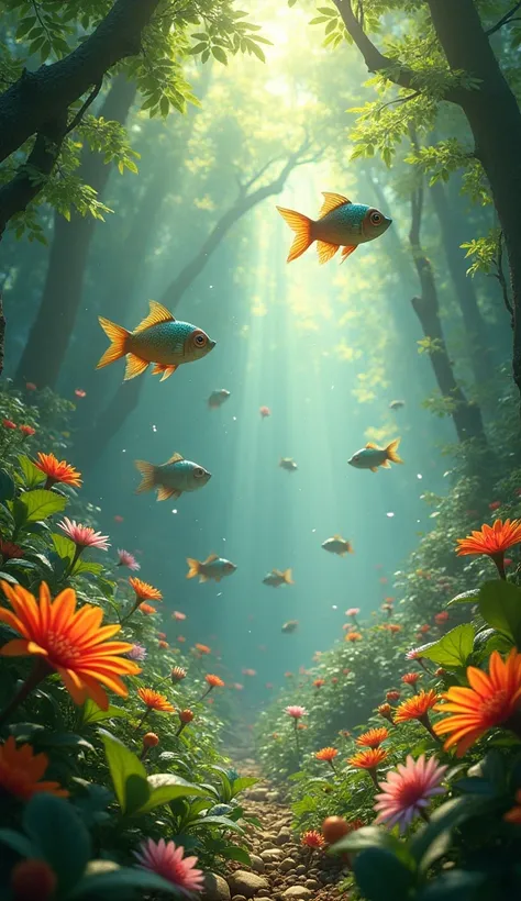 A beautiful and peaceful forest with a hundreds of Colorful flying fishes and a big and small, bright flowers, nice light rays, sun dust particles, There is a lot of dew on the leaves.