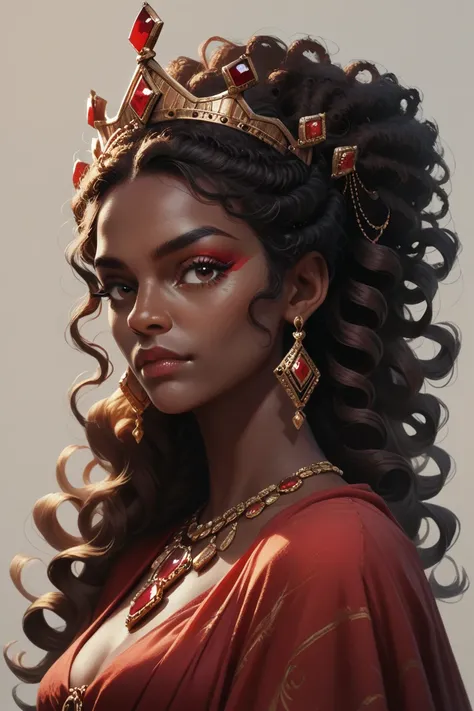 Headshot of a round, red gemstone crown sitting atop a beautiful African queen with long curly hair, concept art