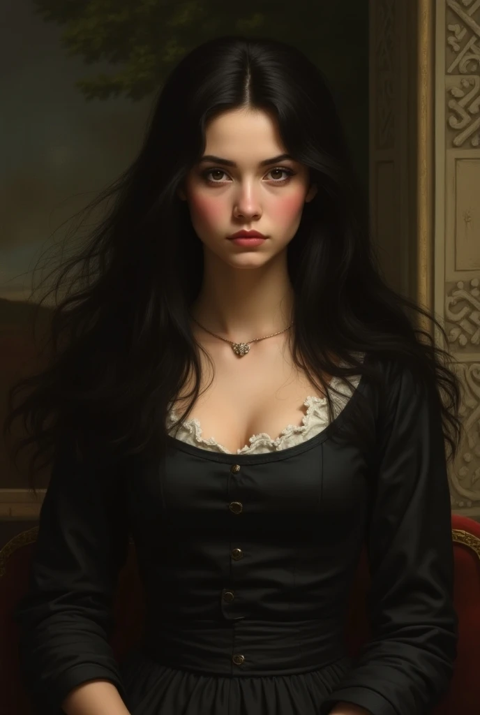 Renaissance painting, Women, young,  long black hair, Wide build, dark brown eyes