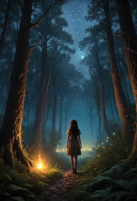 in a dark dark forest, no moon, few stars, the darkness is broken and lit only by the light of fire flies, a cute woman watches in wonder