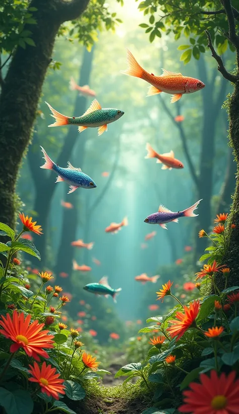 A beautiful and peaceful forest with a hundreds of Colorful flying fishes and a big and small, bright flowers, nice light rays, sun dust particles, There is a lot of dew on the leaves.