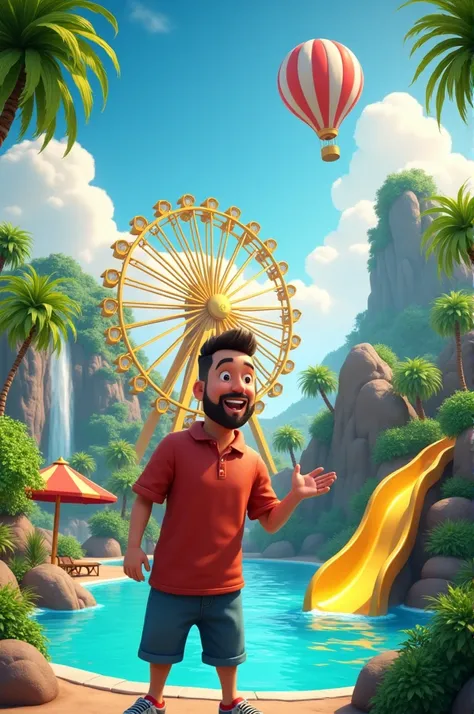 "A cheerful man with a big smile stands in the foreground, gesturing towards an adventurous tropical landscape. Behind him is a large, bright golden Ferris wheel, set amidst lush green palm trees and dramatic mountain scenery with waterfalls cascading into...