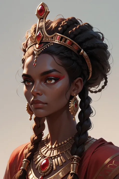 Headshot of a round, red gemstone crown sitting atop a beautiful African queen with long braids, concept art