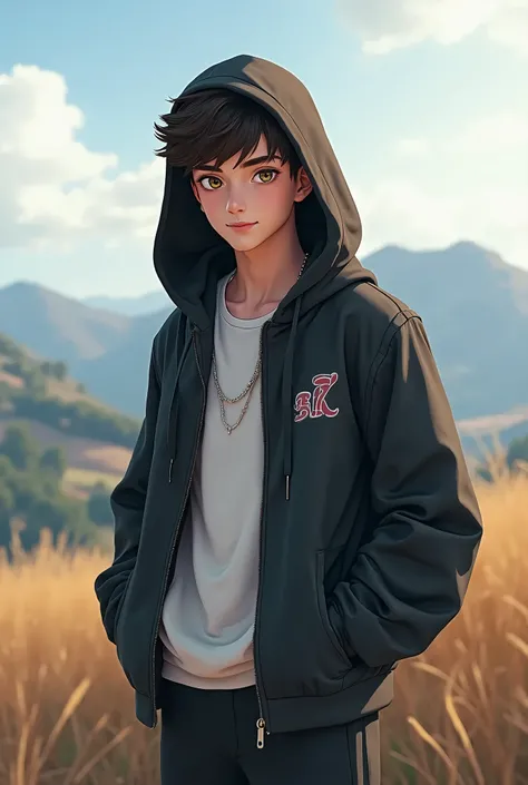 Create me a image of a boy who slightely smilling. Make sure that hills are seen in yhe background. The boy should be handsome with a hood hair cut . Make sure that the boy got pretty eyes and hes tall. Alsoake sure that he us wearing hood outfit 