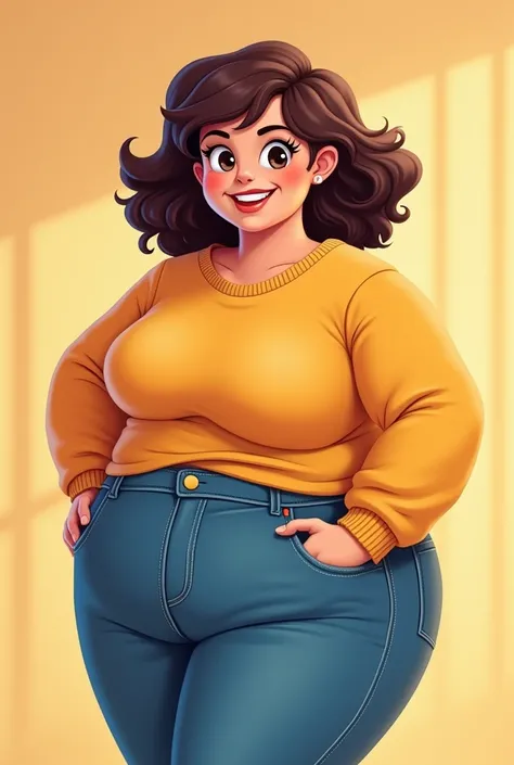 A woman in cartoon format with an increased body weight,  with a curvaceous figure and a confident and friendly expression . She has short curly hair, of a dark brown tone, framing her face in a natural way . Her skin is of a light tone,  with thick and ex...