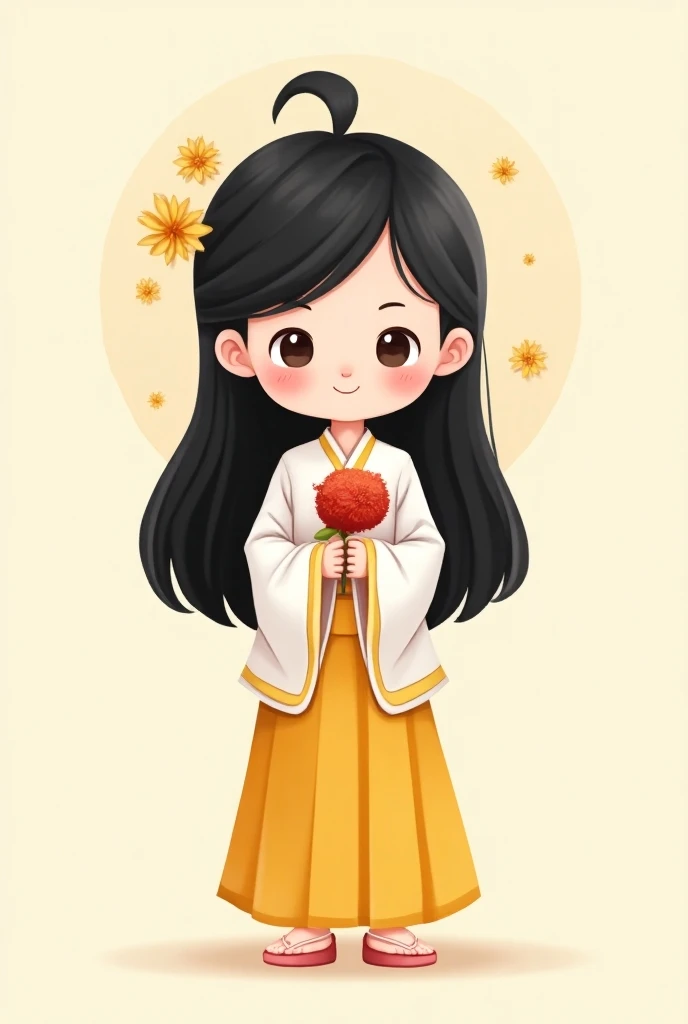 Cute girl Bighead and long black hair, wearing white traditional Thai clothing, yellow thai dress, holding Thai kratong, cute cartoon, UHD, 4K, HD, best quality