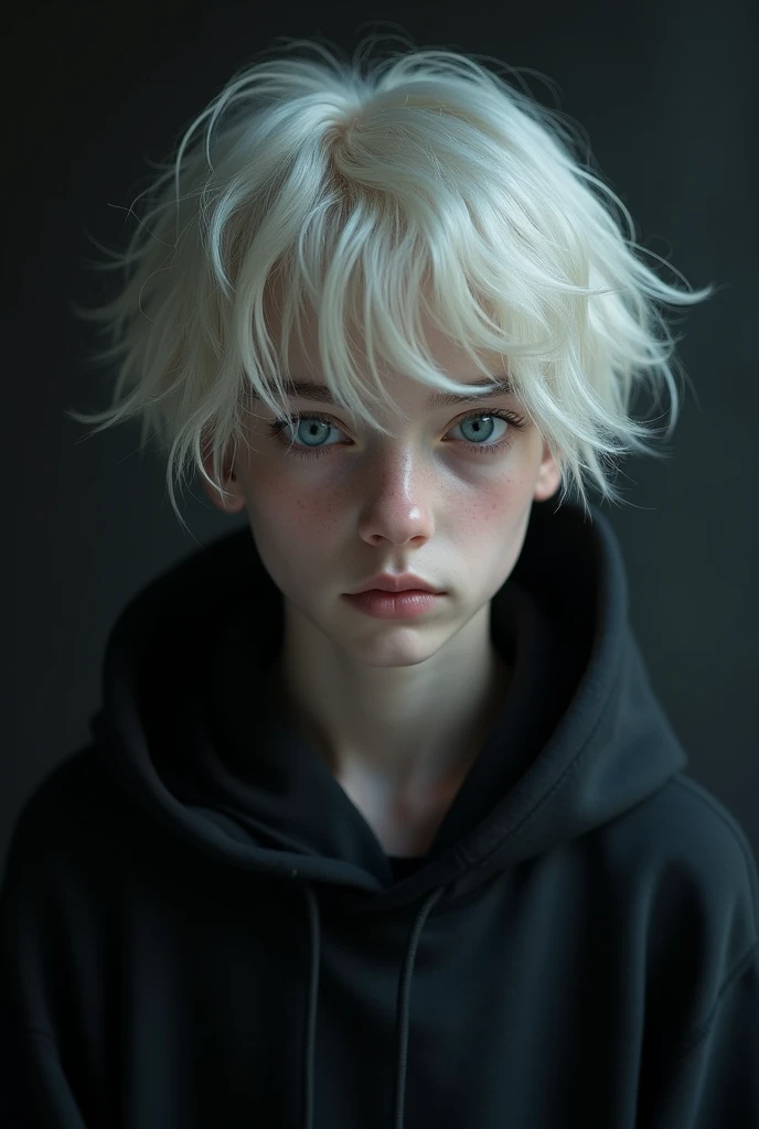 Pale skinned teen guy with platinum blond hair and icy blue eyes, wearing black hoodie standing in a black background