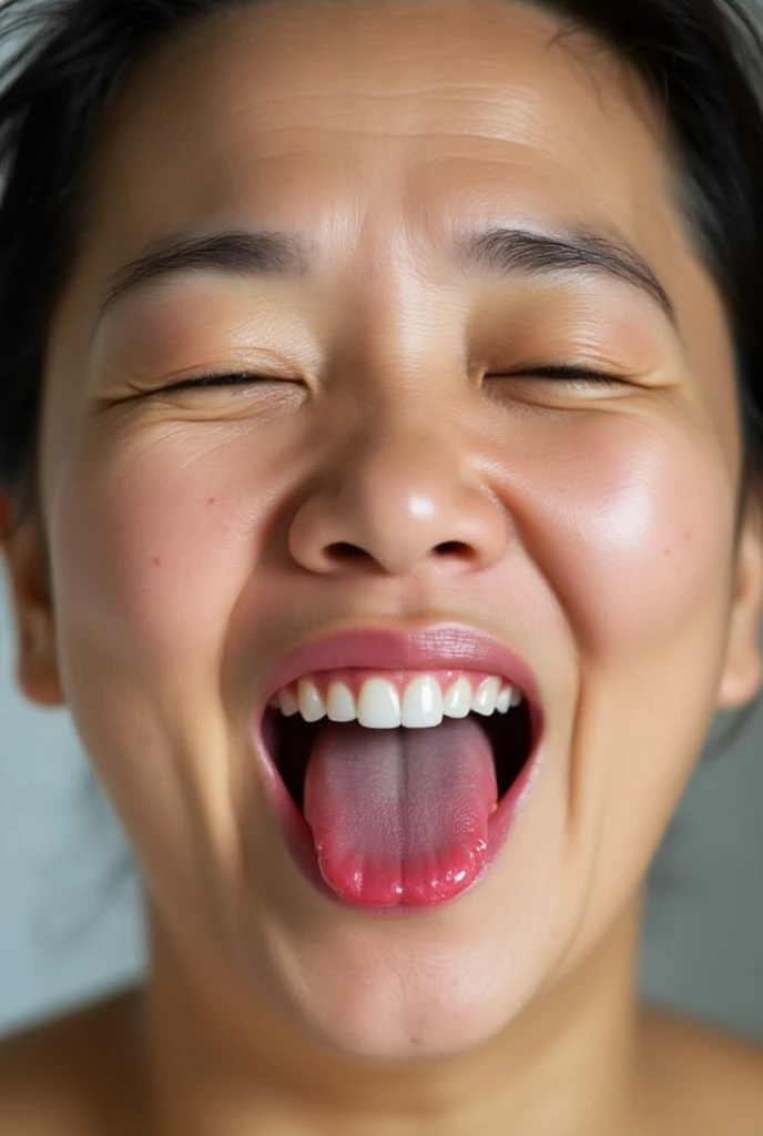  close-up photo of a fat Asian woman in her 50s。 Pink Lip Gloss 。She closed her eyes, stuck out her tongue, and opened her mouth wide。Bright room。