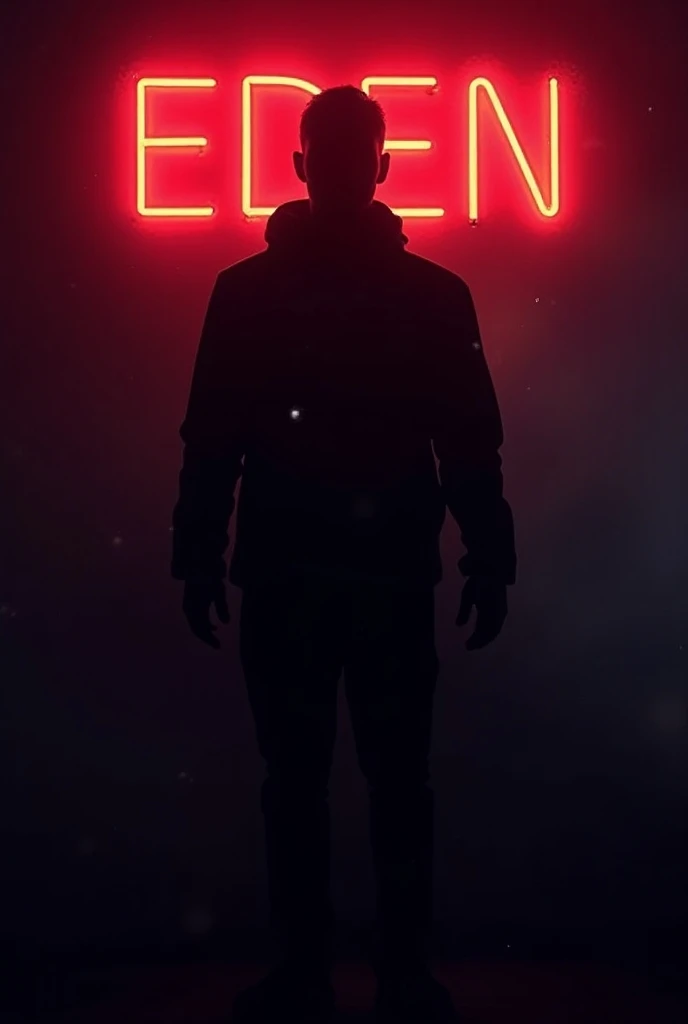 Logo of a full-body mans silhouette that says Eden in red neon and watermark 