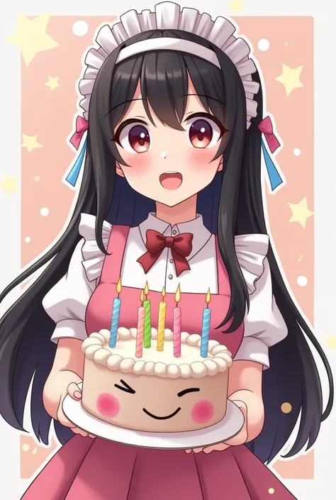  birthday, a woman with big round eyes ,  Blouse, face, fun /  happy , Long hair, Black hair,Maid headband, Wearing a pink skirt, puffed sleeves, white coloring, holding a cake on the cake face with embroidered candles.(Birthday cake) Anime style gift box ...