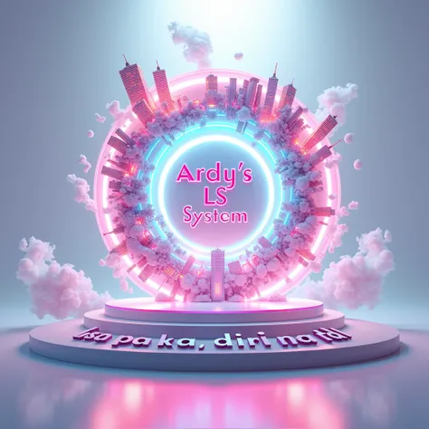 A 3D render of an enchanted disc enclosed in a glowing 3D portal. The disc has lush disco light machines and a few buildings. The background is a white void with smokes. At the center of the portal is a 3d masterpiece word " Ardys LS System " logo, in wate...