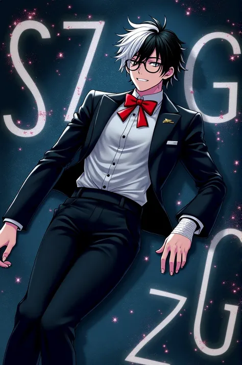 The long-haired young man patted a messy hairstyle with black hair dyed white in front, wore round glasses, wore a black suit, tied with a red bow, had a bandage on his left hand, stretched out among the stars, with the lettering SzG