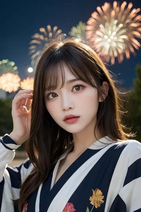 nsfw、  Snapshots,In 8K,Best Quality,Actual Photos,  complicated details,  super high resolution ,  depth field  ,  natural soft light ,  professional writing,moonlight、 One beautiful girl wearing a beautiful yukata looking up at the fireworks on the riverb...