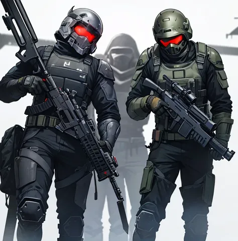 3men, face covered by tactical helmet,one holding sword, holding assault rifle, Doom eternal, white background 