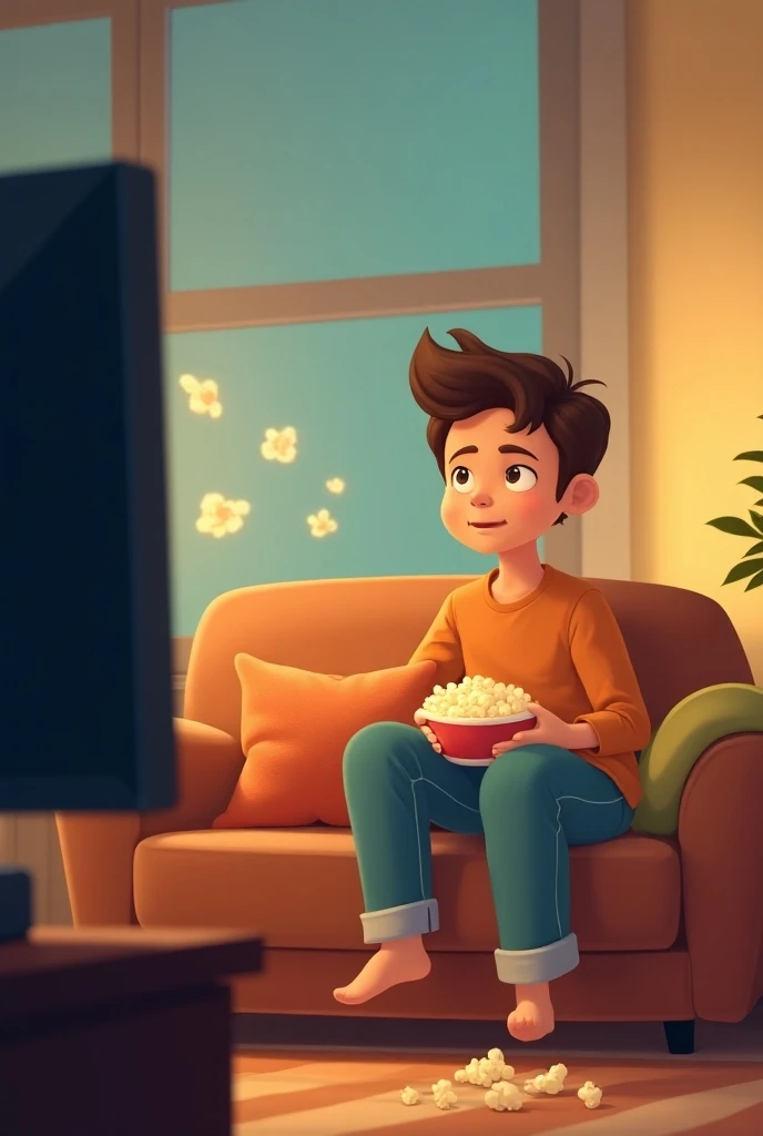 A relaxed person watching TV and eating popcorn in sofa ike a cartoon