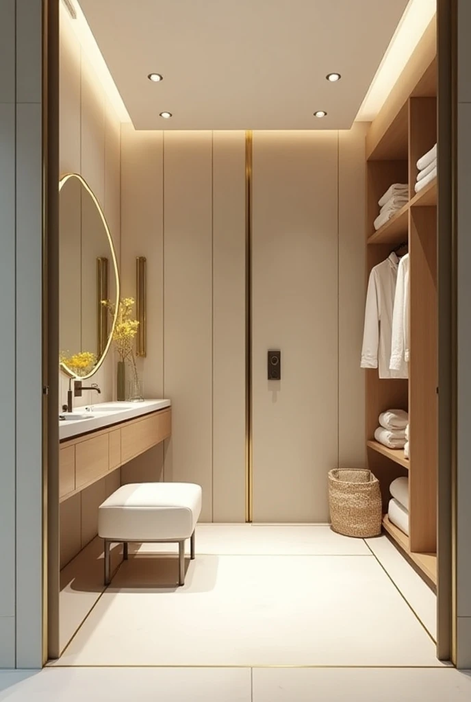 Professional 3d architecture rendering design of modern and minimal and high tech design for  elegant circular  standard space   For  change dressing and drying body  before and after shower at the bathroom   And  this space separate with  bathroom with ve...