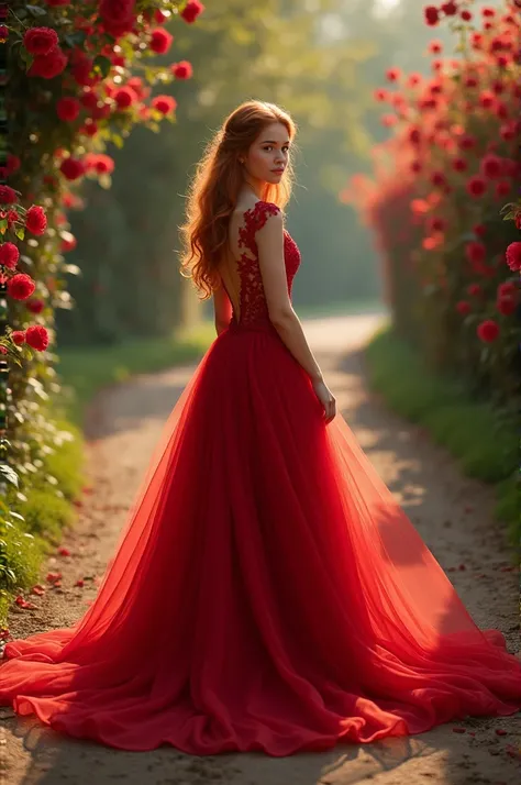 A beautiful girl with red wedding dress on the road with red roses 