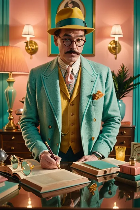 A cinematic shot of an eccentric detective studying clues in Andersonian whimsy, with pastel nostalgia, meticulously symmetrical layout, and vintage allure. Muted mustard yellows, soft coral, and faded teal create a retro palette. Every element is curated,...