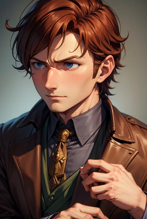 Close-up of Theodore, rubbing his grimy hand through his auburn hair, a look of despair on his face. Professor Layton art style