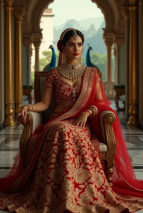 "A regal portrait of a Maharani from Rajasthan, draped in a heavily embellished red and gold lehenga, adorned with kundan jewelry and an ornate maang tikka, seated on a marble throne in a mirrored palace chamber, with peacocks visible through an arched win...