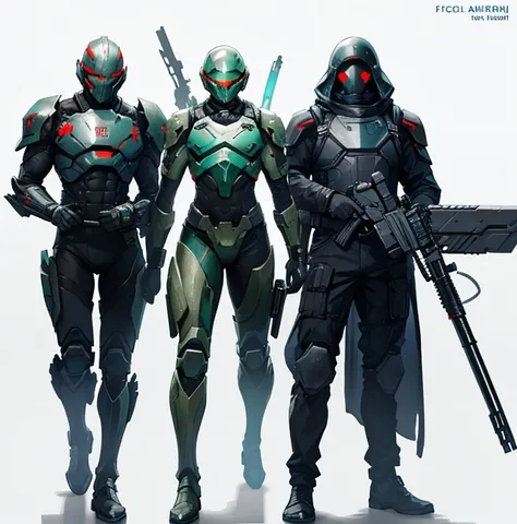 3men, face covered by tactical helmet,one holding futuristic sword, holding futuristic assault rifle, Doom eternal, white background 