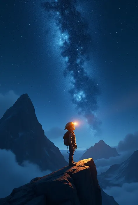 A boy with helmet torch standing in top of the mountain and looking upward see the sky fill full of Stars 