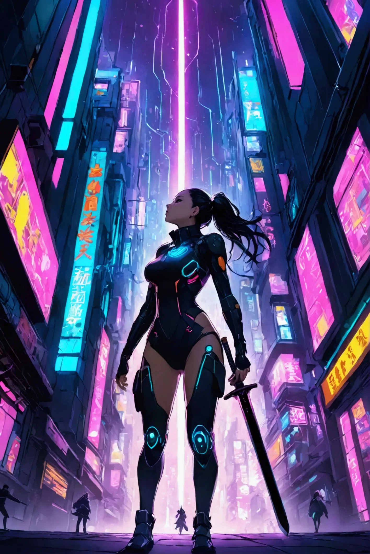  illustration of a woman in a futuristic costume holding a sword running through the city、Cyberpunk Vibrant Colors、 advanced digital cyberpunk art 、Neon Samurai、digital animation art bright sparkle 、 Cyber City 、 Composition Looking Up from Below 、The woman is looking at this、