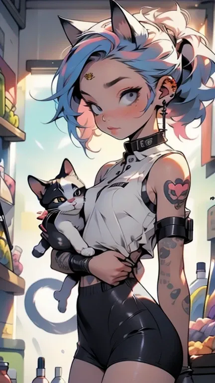 masterpiece, high resolution, best quality, baby body, baby height, flat chest, baby face, Girl stroking a kitten, cat ears, cat tail, police uniform, colored hair, ponytail, piercing, makeup, tattoo