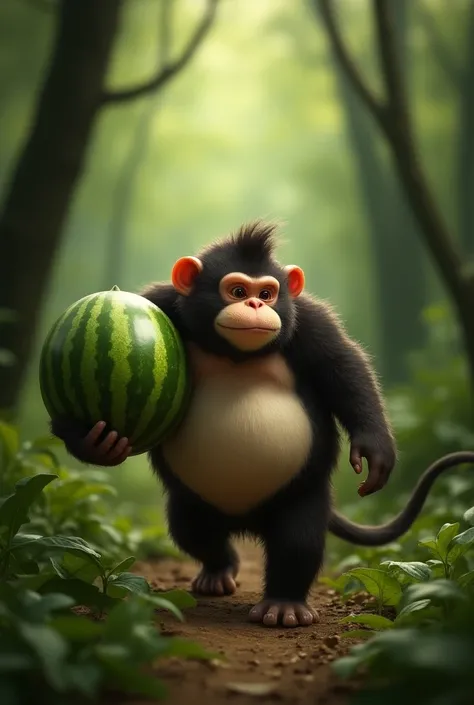 a fat fat monkey walking around holding a watermelon and walking quitly in the forest so no one notices 