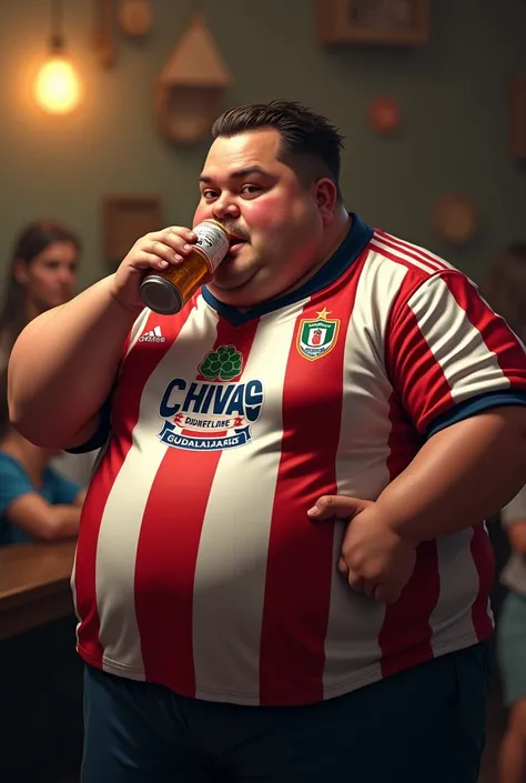 An obese person with a heavy double chin and a soccer jersey for the Chivas de Guadalajara team,drinking beer