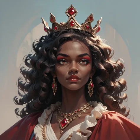 Headshot of a round, red gemstone crown sitting atop a beautiful, dark-skinned African queen with long curly hair, concept art