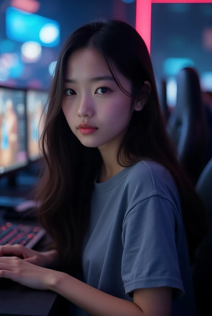 Beautiful Asian girl with long hair facing in a T-shirt Game E-sport is taking part in Game E-sport 