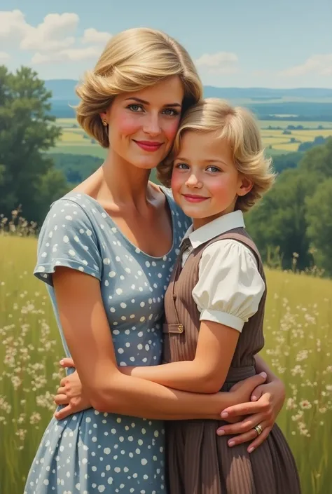 30 years old Princess diana with her daughter 6  years little princess mary (princess diana wearing polka doted dress and princess mary wearing old money girl outfit ) crate it more realistic way 