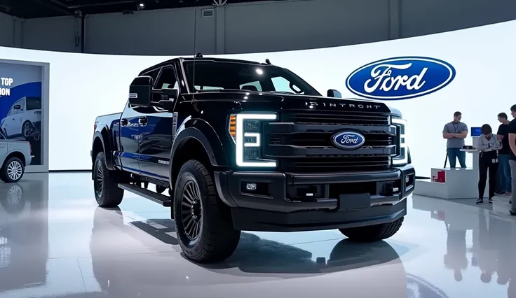 A full attractive hd photo of new 2025 ford f-250 raptor black color of exterior. A white shiny showroom background logo on the wall. A car with front view of vehicle.