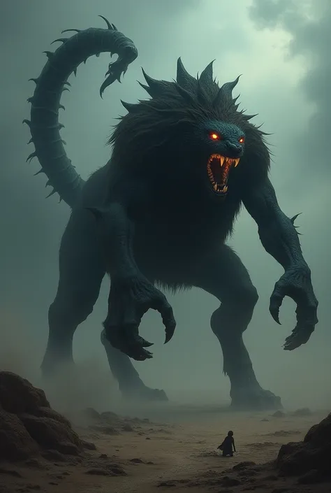 "A terrifying hybrid creature with the powerful, muscular body of a lion fused with the venomous tail of a scorpion, prowling in a desolate, shadowed desert. Its eyes glow faintly, and its sharp claws dig into the earth as it roars, revealing menacing fang...