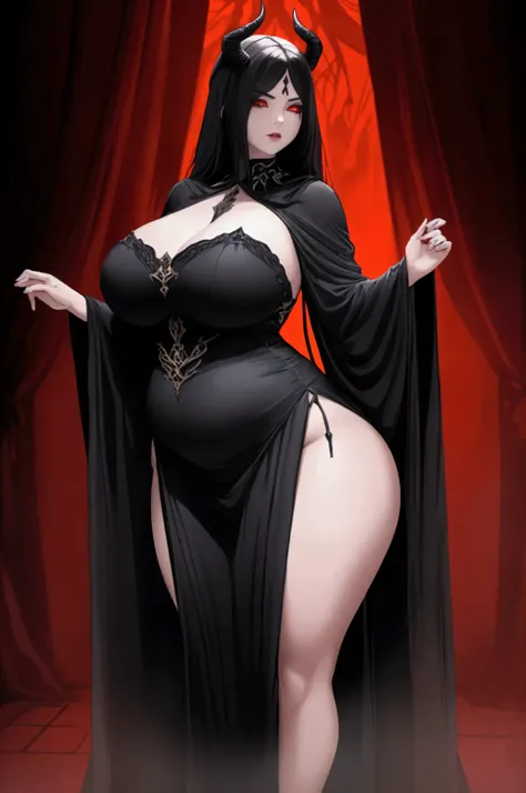 A demonic female figure with a large, plump posterior, elegant dark gown, detailed facial features, powerful aura, cinematic lighting, dark fantasy style, rich colors