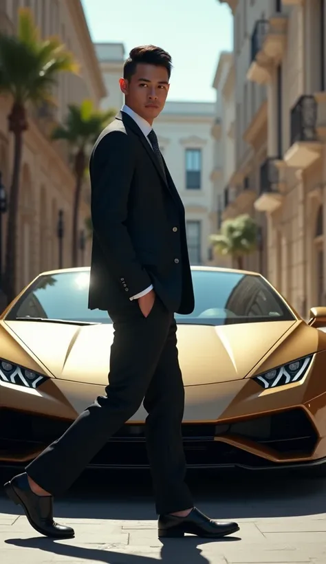 Create a millionaire young man walking safely behind him, a realistic lamborgini, 2k, focused on a side shot .