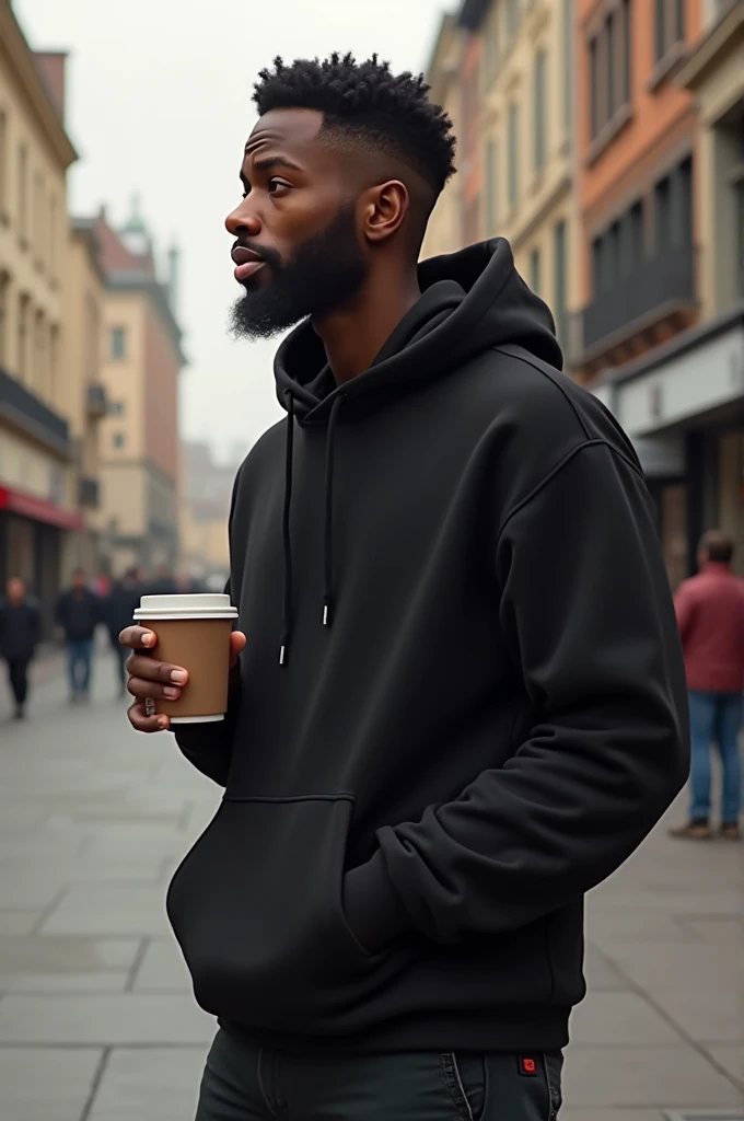 Black guy wearing a hoodie with a short trouser and holding a cup with his hand
