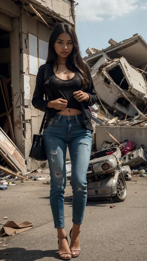 an incredibly beautiful indonesian pretty girl is being bounced high by a devastating bomb blast that destroys everything nearby...