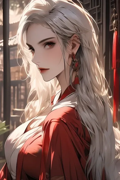 ((best quality)), ((masterpiece)), (detailed), Photorealistic, high resolution, mature woman, Hips up, Beautiful eyes, , Red eyes, jewelry, Hanfu, Chinese fairy, Taoist uniform, เสื้อผ้าขนาดใหญ่, Curtain Bangs, white hair, หน้าอกใหญ่, HDR (high dynamic ran...