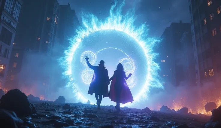 Wide shot as a glowing portal tears open in the sky, revealing Doctor Strange and Zatanna silhouetted against its light.  
The camera zooms out to capture the full scene: the portal radiates blinding blue and purple energy, casting surreal hues over the cr...