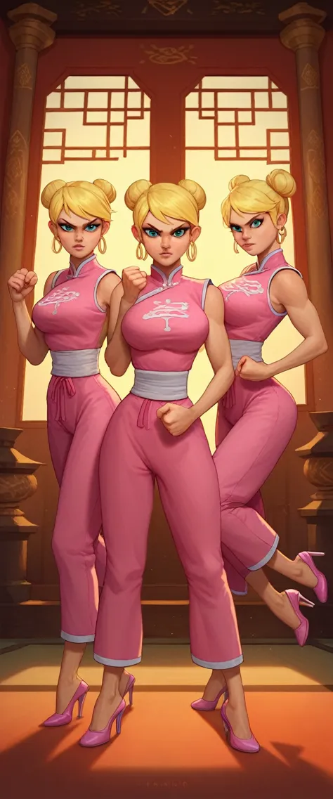 lola loud, 3girl, trio, 24yo girl, large breasts, pink cheongsam,  inside of a chinese temple, looking at viewer, blonde hair, two hair buns , hands  score_9, score_8_up, score_7_up, high heels, teep fighting stance,martial arts, triplets