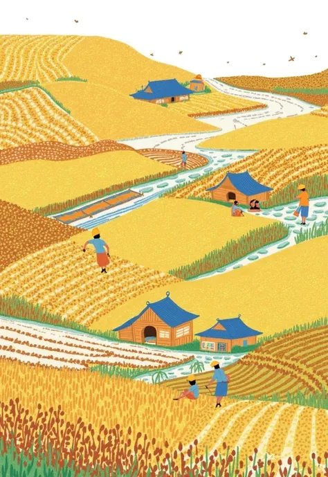 rural，paddy，Sunlight，Delicate style of painting， rich in detail 