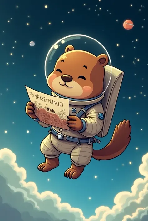  Beaver as an astronaut drifting in space with "Breezy Hamlet "  in his spacesuit drawing begaya cartoon 2d .