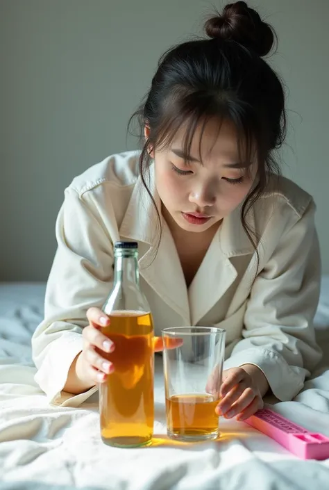  realistic image 
display a photo of a bottle similar to jack danu , on white cloth with glass lying spilled ,  individual asian woman with an expert upset looking at a spilled bottle , in addition to bottles and glasses there is like a pink color tool len...