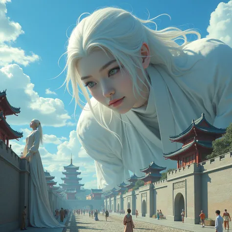 A colossal Chinese female giantess beauty standing beside a city wall, leaning forward with her arms resting on the top of the wall, looking down at the tiny inhabitants inside the city. The perspective is from the viewpoint of the small people inside the ...