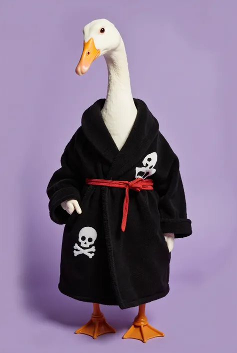 frontal upper body editorial fashion studio portrait of an anthropomorphic cute goose wearing minimal styled black plush bathrobe Versace like with cute white pirate skull pattern and a red bathrobe belt, pastel purple background, cinematography and photos...