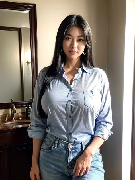 (asian woman),(button-up shirt:1.5),(thin body:1.3),(black hair),(straight hair:1.5),(tanning skin:1.4),(earrings,sexy smile,hea...