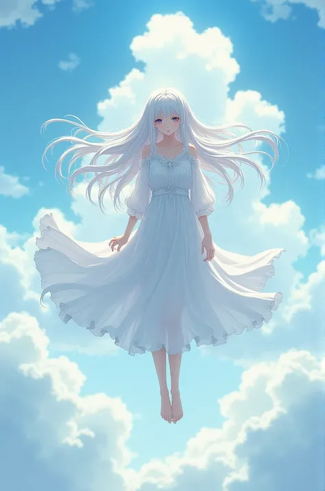 Anime beauty with white hair hovering in the sky